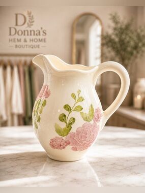 FARVAL Made in Portugal Hand Painted Pink Roses & Green Leaves Ceramic Pitcher